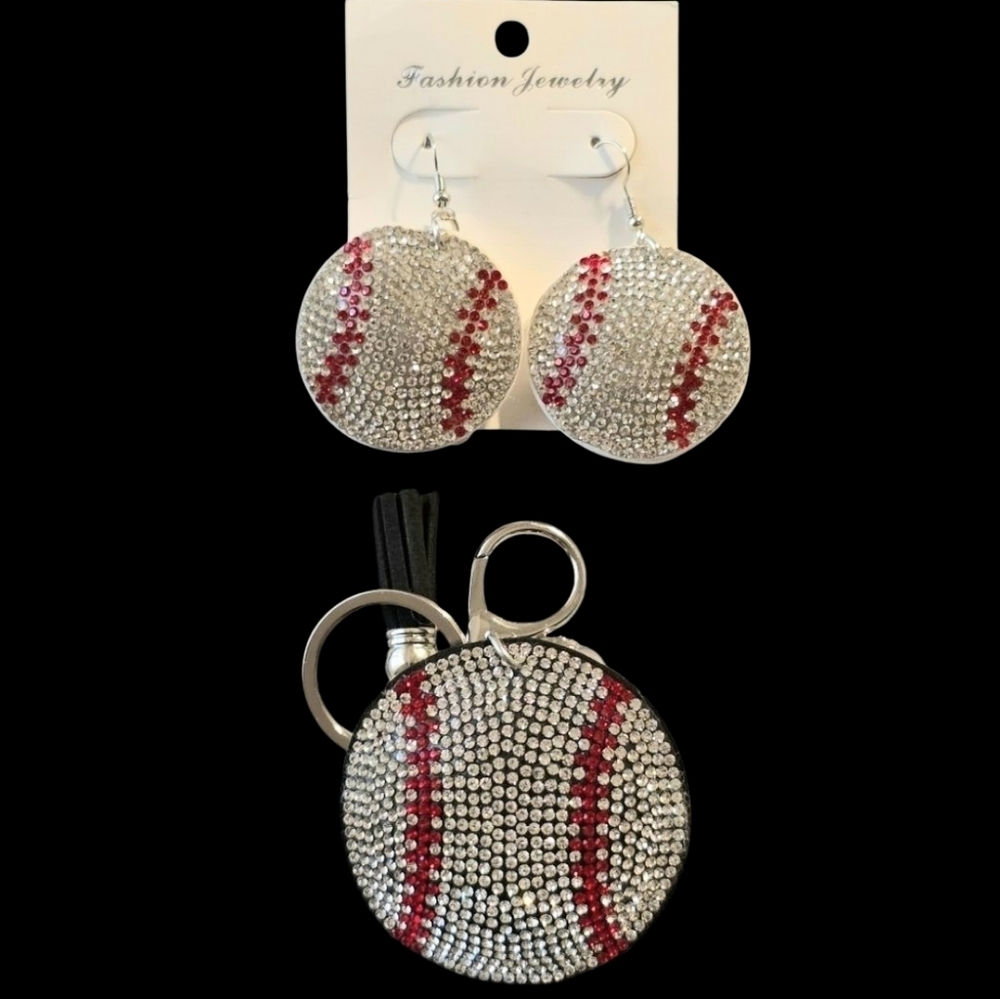 Baseball Rhinestone Earrings & Keychain Set – Sparkly Bag Charm + Jewelry